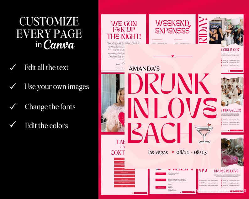 Drunk in Love Bachelorette Weekend Itinerary Template | Bachelorette Travel Itinerary Template | 10 Pages | Editable in Canva | Feyonce Bachelorette