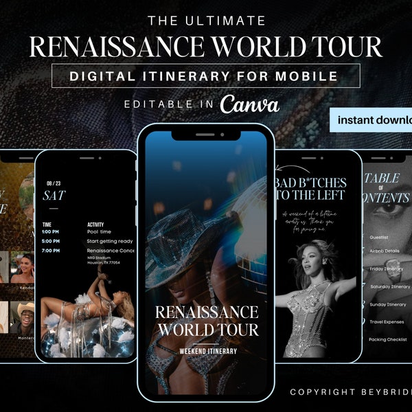 Renaissance World Tour Concert Digital Itinerary Template Editable in Canva, Party Invite, 11 Pages, Trip Itinerary, Digital Invitation