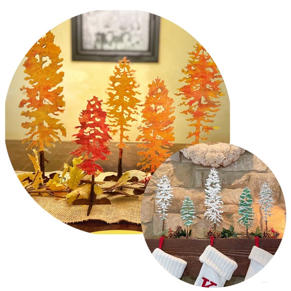 Reversible Standing Fall and Winter Trees/Fall Decorations/Fall Mantel Decorations/Fall Centerpiece/Christmas Centerpiece