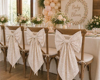 Baby Shower Chair Bow | Neutral Floral Chair Sash | Heirloom Baby Shower Decor | Romantic Event Chair Decor | Wedding Chair Bow