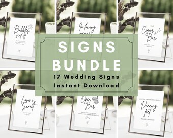 May include: A bundle of 17 printable wedding signs. The signs are in a minimalist style with black calligraphy text on a white background. The signs include phrases such as "Bubbles send off", "Love is Sweet", "Open Bar", "The Cigar Bar", and "Dancing Feet".