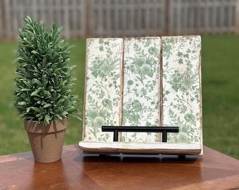 Wooden Cookbook Stand Recipe Holder Kitchen Tablet Easel Farmhouse Counter Organizer Rustic Cooking Book Display Reclaimed wood Green Floral