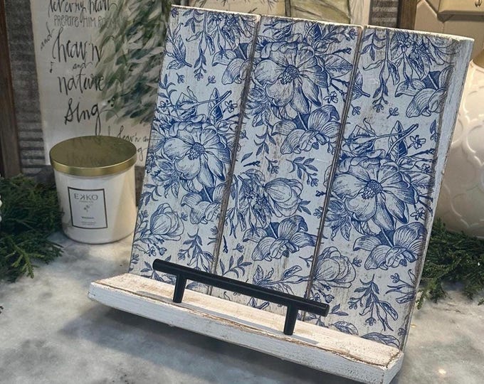 Ipad Stand Kitchen Counter Display Recipe Reading Housewarming Gift Rustic Cookbook Holder Wooden Farmhouse Stand Distress Blue Floral