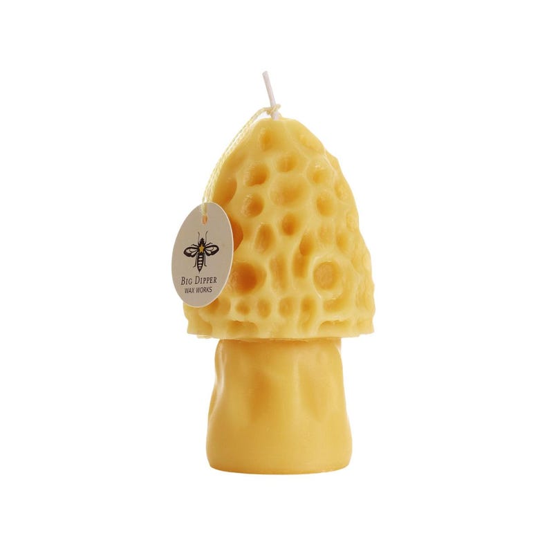 Big Dipper Wax Works 
Beeswax Morel Mushroom Candle 
Burn Time: 20 Hours
Dimensions: 2" x 3.75"
Wax: Beeswax
Wick: Cotton
Scent: Unscented