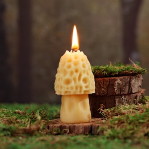 May include: A yellow beeswax candle shaped like a mushroom with a flame burning at the top. The candle is sitting on a wooden base with moss around it.