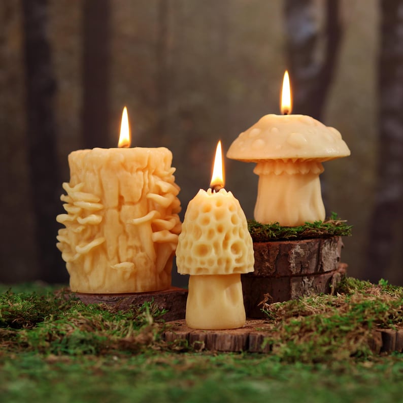 May include: Three beeswax candles shaped like mushrooms. The candles are lit and have a warm glow. The candles are on a wooden surface covered in moss.