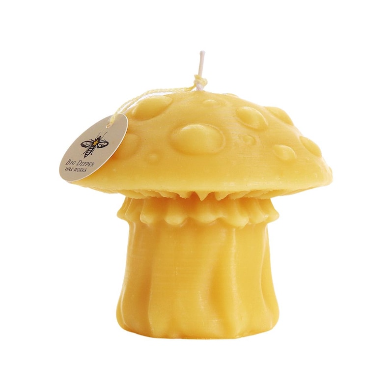 May include: A yellow beeswax candle shaped like a mushroom with a white wick. The candle has a label that says "Big Dipper Bee Works".