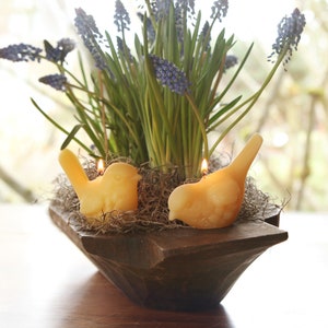 May include: Two small bird-shaped candles are nestled in a wooden bowl with a bed of moss. The candles are lit and the bowl is filled with a bouquet of purple and blue grape hyacinths.