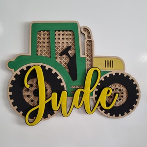 Rattan Tractor (green) with Yellow Acrylic Name | Farm theme | kids room | Truck