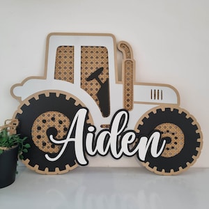 Rattan Tractor (White) with White Acrylic Name | Farm theme | kids room | Truck