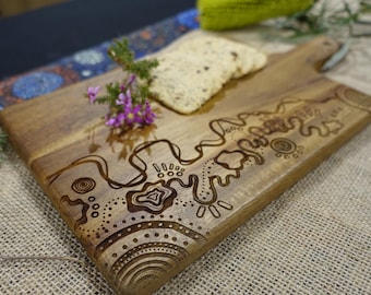 Tabla de servir / utensilios de cocina / tabla de cortar de diseño aborigen / Atardecer / Canciones