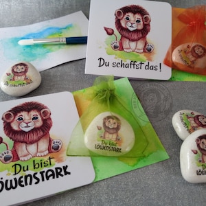 Kleiner Glücksstein Löwe "Du schaffst das" "Löwenstark" Karte Glücksbringer Motivationsstein Mutmacher Trostspender personalisierbar
