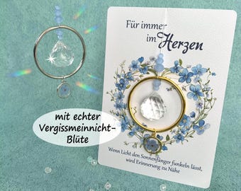 Sonnenfänger mit Vergissmeinnicht-Blüte, Trauergeschenk mit Beileidskarte, Geschenk für Trauernde zur Erinnerung und zum Trost, Suncatcher