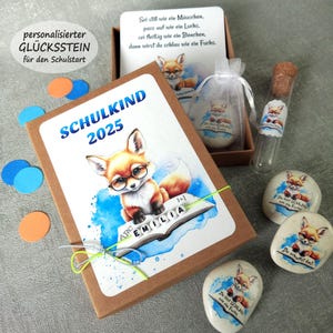 Geldgeschenk Einschulung Schulanfang Geschenkbox Geschenkschachtel Reagenzglas Karte Fuchs Mutstein Glücksstein personalisierbar mit Name