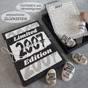 Geldgeschenk 18. Geburtstag mit Jahreszahl 2007 Geschenkbox mit Namen personalisierbar Wunscherfüller Limited Edition Glücksbringer Stein