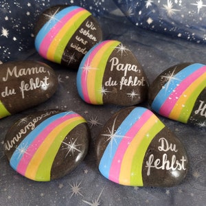 Memorial stone with rainbow and inscription You are missing mom dad star child mourning memory customizable