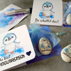 Kleiner Glücksstein Pinguin "Du schaffst das" "Pingutastisch" Karte Glücksbringer Motivationsstein Mutmacher Trostspender personalisierbar