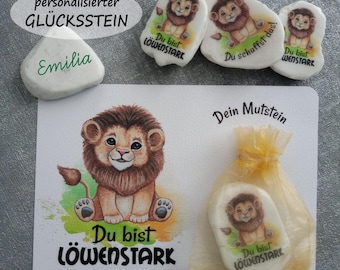 Personalisierter Mutstein Löwe "Du schaffst das" Du bist Löwenstark" Karte Glücksbringer Glücksstein Mutmacher Trostspender Schulanfang