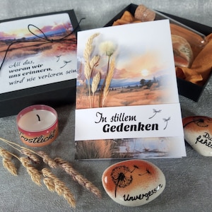 Trauerbox Gedenkstein Trostlicht Trauerkarte Trostbox Erinnerung Kerze Anteilnahme Beileidskarte Pusteblume Sonne Kondolenz personalisierbar