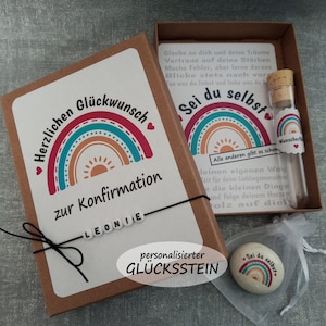 Geschenkbox für Konfirmation, Jugendweihe, Abi, mit Namen personalisierbar Wunscherfüller Geldgeschenk mit Glücksbringer Stein Sei du selbst