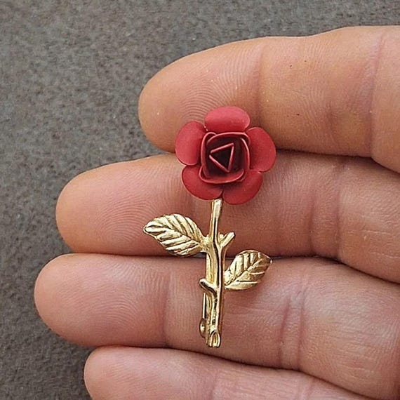70s Blooming Red Rose Pin Brooch View 3