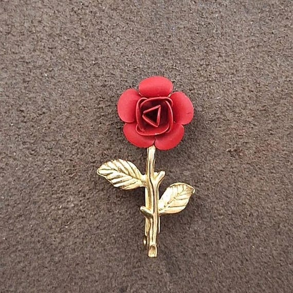 70s Blooming Red Rose Pin Brooch View 2