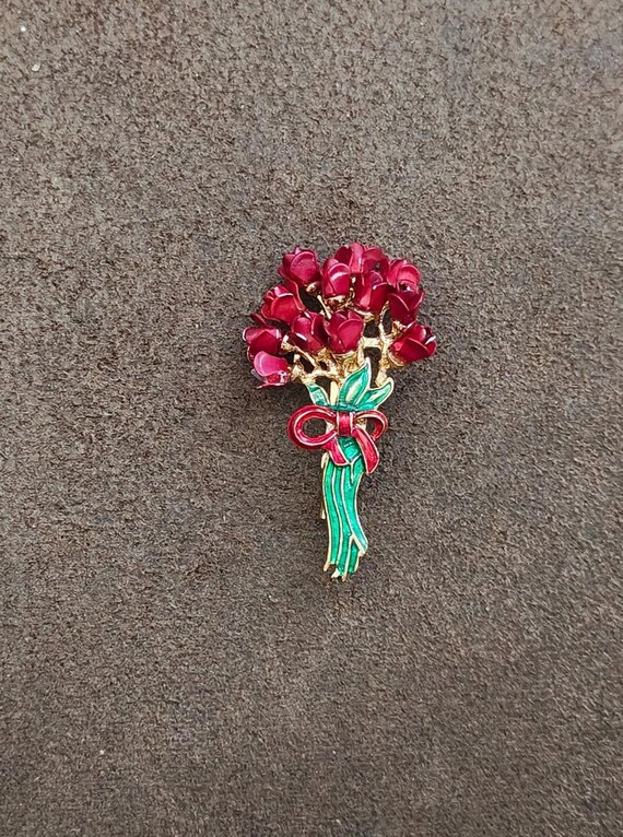1970s Red Rose Flowers Bouquet Gold Tone Enamel B… - image 7