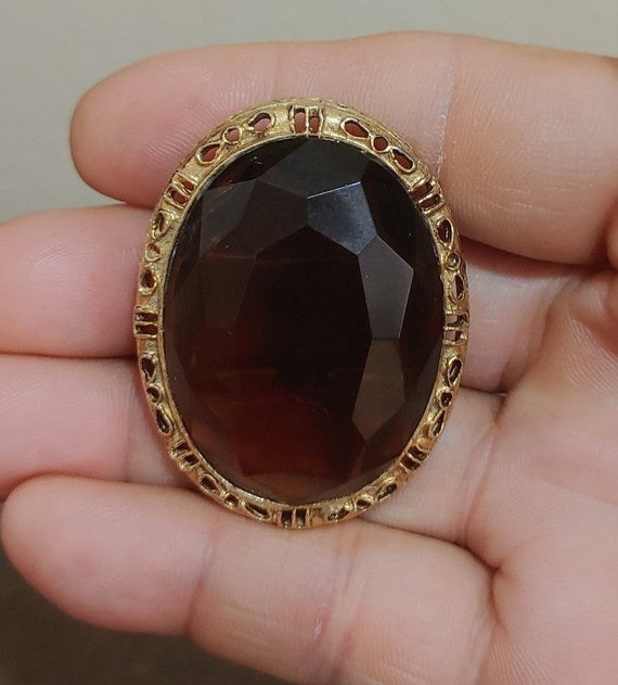 Huge Gold Tone Amber Glass Designer Pin/Brooch