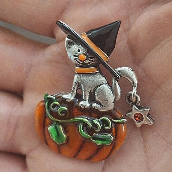 1990's Enamel Cat Witch On Pumpkin Dangle Pewter Pin