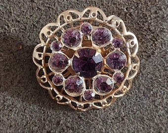 1950’s Purple Rhinestone Gold Tone Flower Brooch Pin