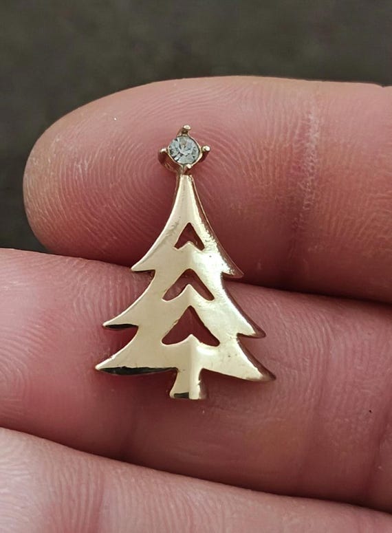 1980s Avon Gold Tone Christmas Tree With Clear Rhinestone Tree Topper