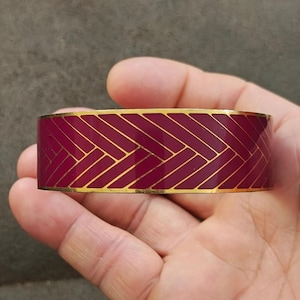 1990s J.Crew Gold Plated With Burgundy Enamel Herringbone Bangle Bracelet