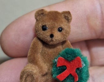 1980s Fuzzy Flocked Mini Christmas Wreath Teddy Bear
