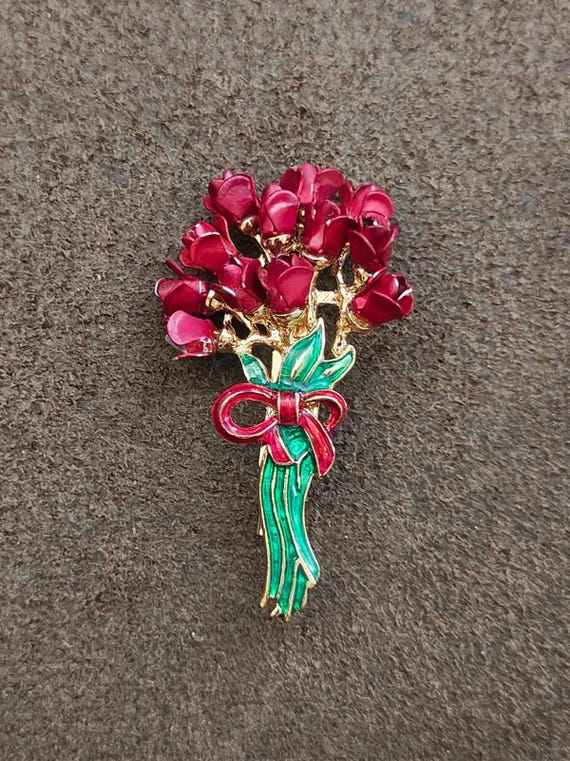 1970s Red Rose Flowers Bouquet Gold Tone Enamel B… - image 6