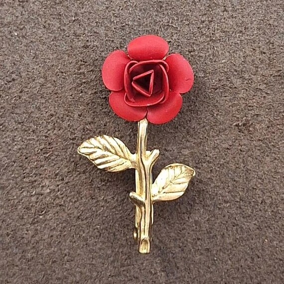 70s Blooming Red Rose Pin Brooch View 4