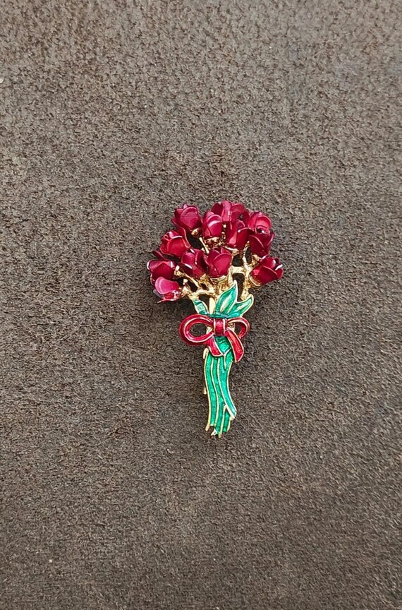 1970s Red Rose Flowers Bouquet Gold Tone Enamel B… - image 2