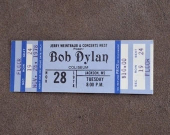 Entrada de 1978 para el concierto de Bob Dylan en el Jackson MS Coliseum.