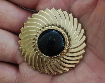 Pinza para bufanda con cabujón de resina de lucita negra y espiral redonda de los años 80
