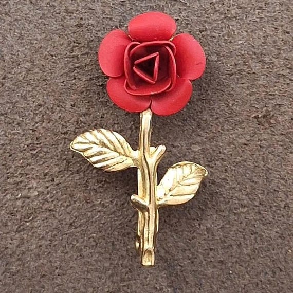 70s Blooming Red Rose Pin Brooch View 6