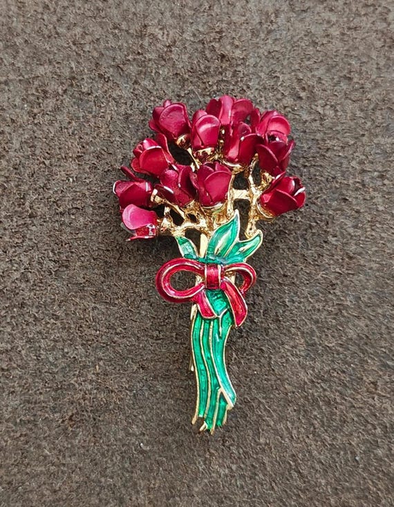 1970s Red Rose Flowers Bouquet Gold Tone Enamel B… - image 4