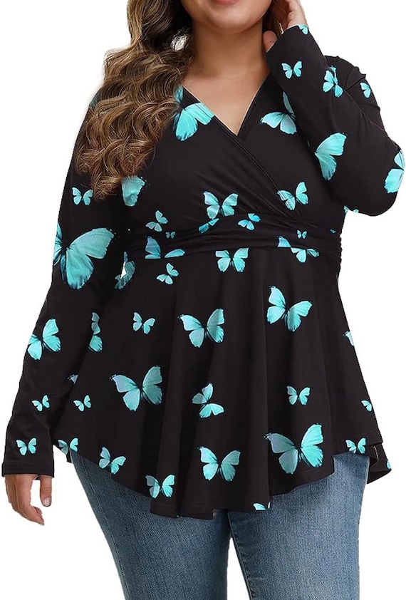 Plus Size Women Long Sleeve Butterfly Print Pleate