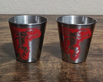 1980s Set Of 2 Fireball Cinnamon Whisky Stainless Steel Dragon Shot Glasses