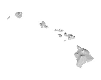 May include: A black and white line art illustration of the state of Hawaii. The islands are depicted with a topographic style, showing the elevation changes.