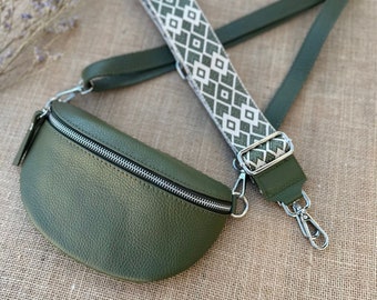 Fanny pack with wide strap, crossbody bag with wide strap, leather fanny pack with wide strap, olive green fanny pack