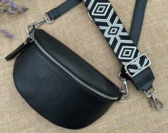 Bauchtasche Leder , Bauchtasche mit Taschenriemen, Umhängetasche, Bauchtasche Damen schwarz echtes Leder