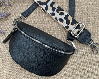 Fanny pack leather, black fanny pack with bag straps, shoulder bag, fanny pack ladies black genuine leather