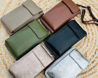 Cell Phone Bag Shoulder Bag with Wallet, Genuine Leather Cell Phone Wallet Bag with Adjustable Shoulder Strap and Many Card Slots