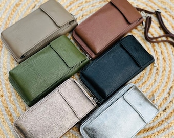 Mobile phone bag shoulder bag with wallet, genuine leather mobile phone wallet bag with adjustable shoulder strap and many card slots