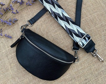 Bauchtasche Leder , Schwarz Bauchtasche mit Taschenriemen, Umhängetasche, Bauchtasche Damen schwarz echtes Leder