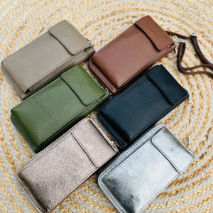 Handytasche Umhängetasche mit Geldbörse, Echtleder Handy Portemonnaie Tasche  mit verstellbarem Schultergurt und vielen Kartenfächern